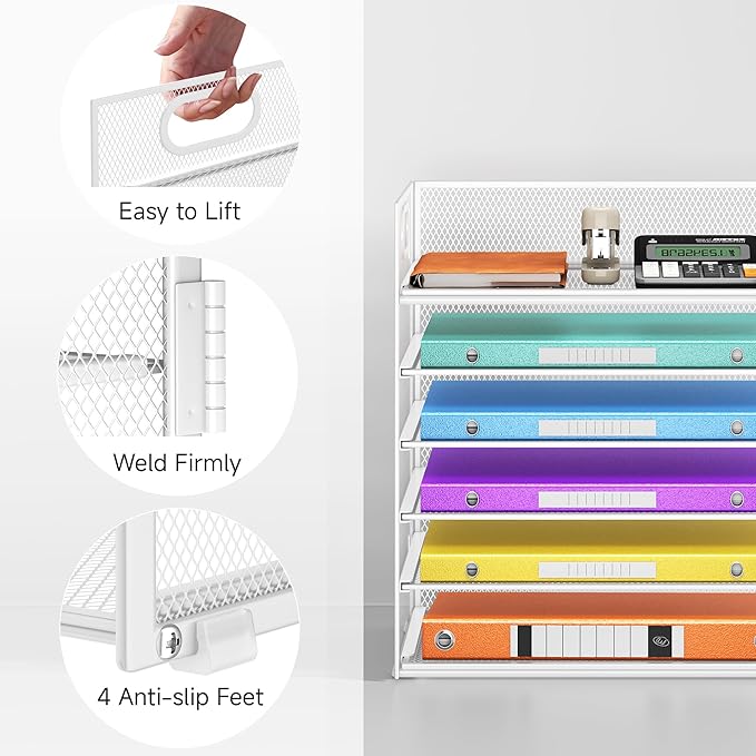 6 Tray Paper Organizer Letter Tray with Handle - Mesh Desk File Organizer Paper Sorter Organizer for Office Home or School File Folder Holder - White