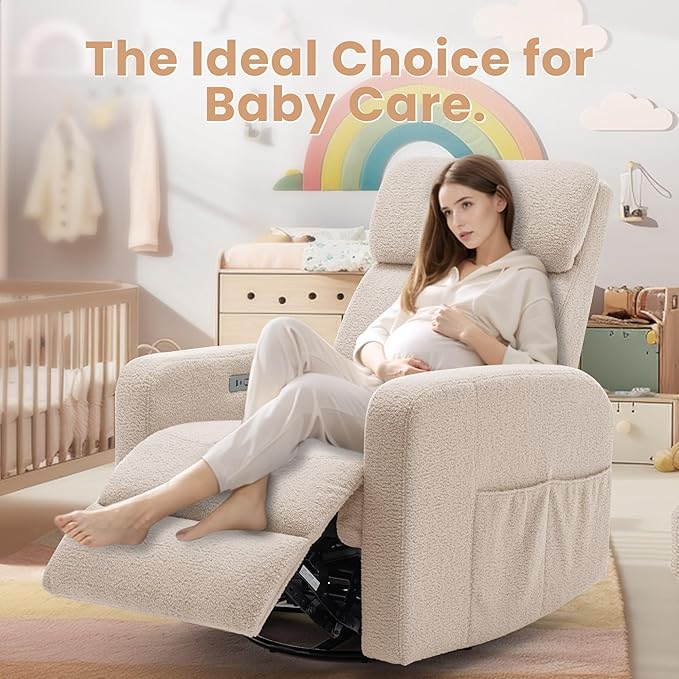 Power Swivel Recliner Chairs for Adults Electric Glider Rocking Chair Nursery Glider Recliner Nursery Chair with Classified Side Pocket Nursery Rocking Chairs with USB and Type-C Ports