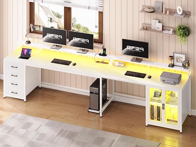 SEDETA L Shaped Gaming Desk with 4 Drawers 109” Computer Desk with Display Cabinet Home Office Desks with 2 Monitor Stands CPU Stand LED Lights and Power Outlet White