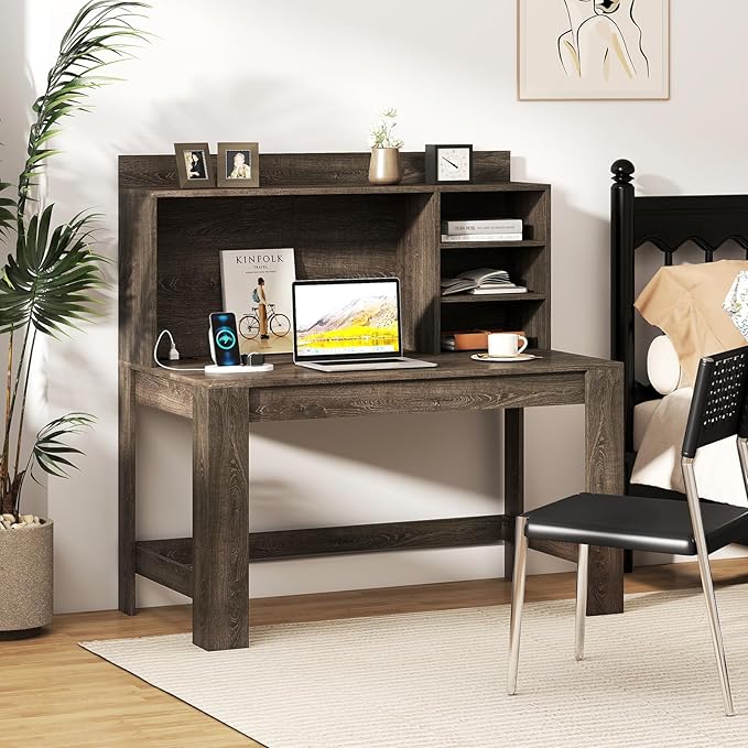 Giantex Computer Desk with Hutch Modern Home Office Desk with Power Outlets Storage Shelves &amp Cable Hole Makeup Vanity Table Study Writing Desk for Bedroom Office Small Space (Grey Oak)