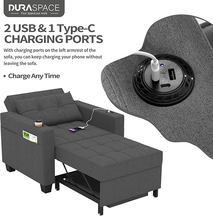 DURASPACE 36.6 Futon Chair Bed Convertible Chair 3-in-1 Pull Out Sleeper Reading Chair Beds with USB Armchair Sleeper Bed for Living Room Dorm Small Space (Dark Gray Linen)