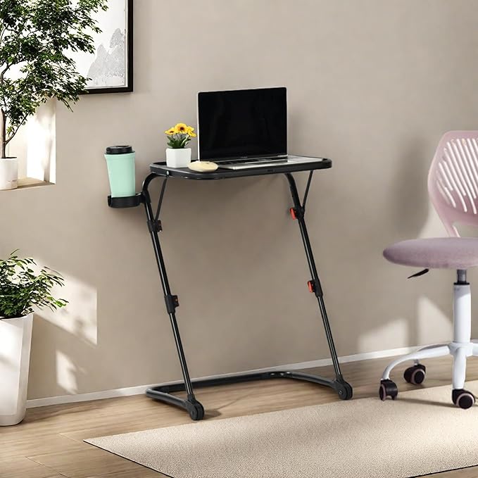 Homy Casa Adjustable Z Shaped Study Desk with Cup Holder Space Saving Portable Laptop Foldable Table for Home Office Living Room &amp Bedroom Sturdy Metal Frame &amp PP Top Black 4PCS