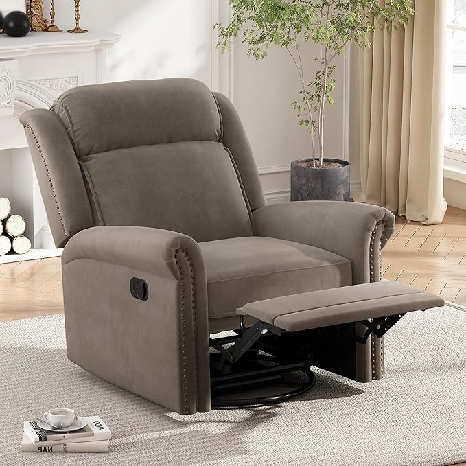 360° Swivel Recliner Chair with Adjustable Backrest Manual Rocking Recliner Home Theater Manual Recliner Chair with Metal Base and Velvet Fabric for Living Room (Light Brown 2)
