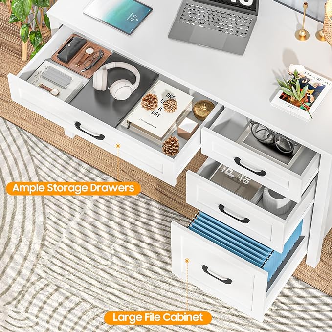 Farmhouse 47 Executive Desk with 4 Drawers Computer Desk with File Drawer Workstation for Study Home OfficeCream White.