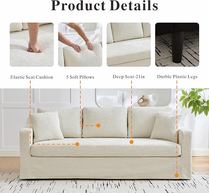 Chifee &amp Vingol 83 3 Seater Sofa Couch for Living Room Deep Seat Cozy Sofas Modern Upholstered Sofa with Removable CoverBeige