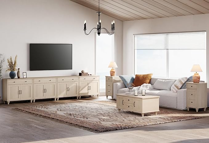 WAMPAT Farmhouse TV Stand for 85 inch TV with 8 Doors and 4 Drawers Wood Universal TV Stand with Large Storage Cabinets Beige Entertainment Center TV Console Table for Living Room Bedroom