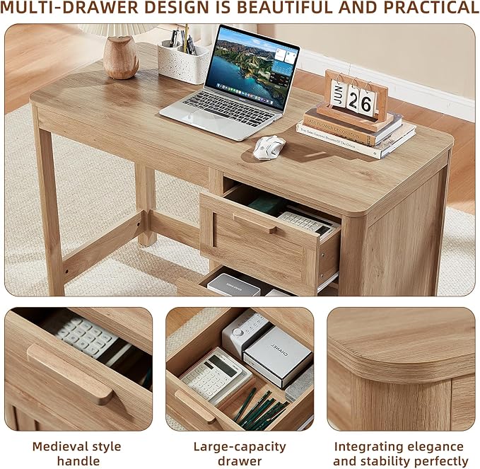 Office Desk 48 with 3 Drawers Storage File Cabinet Wood Farmhouse Desk for Computer Office Bedroom Home Furniture Natural