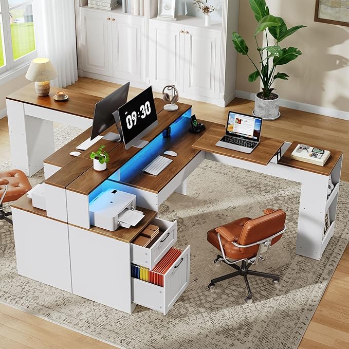 Farmhouse 63 L Shaped Standing Desk Corner Computer Desk with Drawers Office Desk with File Drawers with RGB Lighting &amp Charging Station Monitor Stand and Storage Shelves White and Walnut
