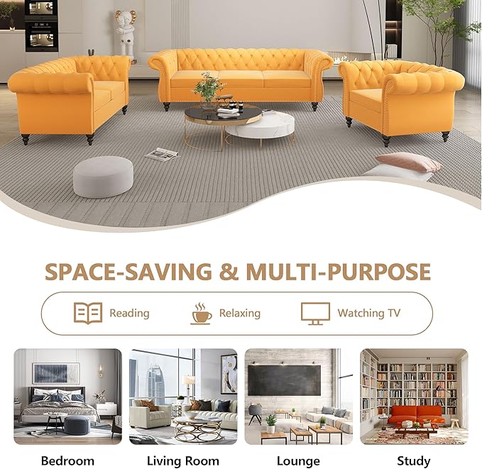 AVZEAR Chesterfield Loveseat Modern Velvet Sofa Tufted Couch 2 Seater with Scroll Arms and Nailhead for Living Room Bedroom Office Apartment Yellow