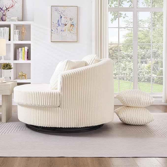 360° Swivel Accent Barrel Chair Corduroy Comfy Round Swivel Chair with Mental Base &amp Pillows Modern Lounge Reading Armchair Upholstered Plush Sofa Chairs for Living Room Bedroom Apartment(Bei