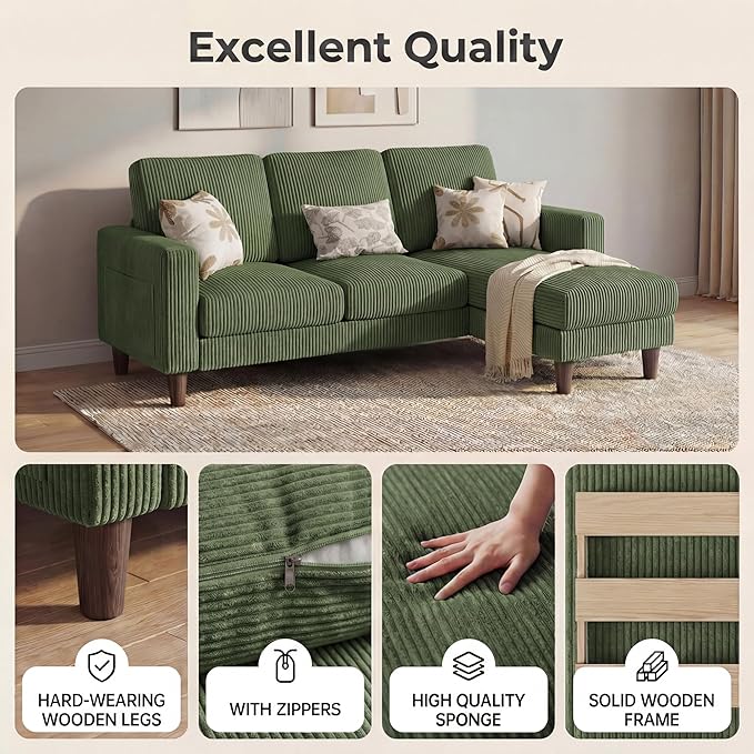 Homall 3 Seat Couch L Shape Sofa with Side Storage Pockage Sectional Couches with Reversible Ottoma Upholstered Sofa for Living Room and Small Spaces (Corduroy Green)