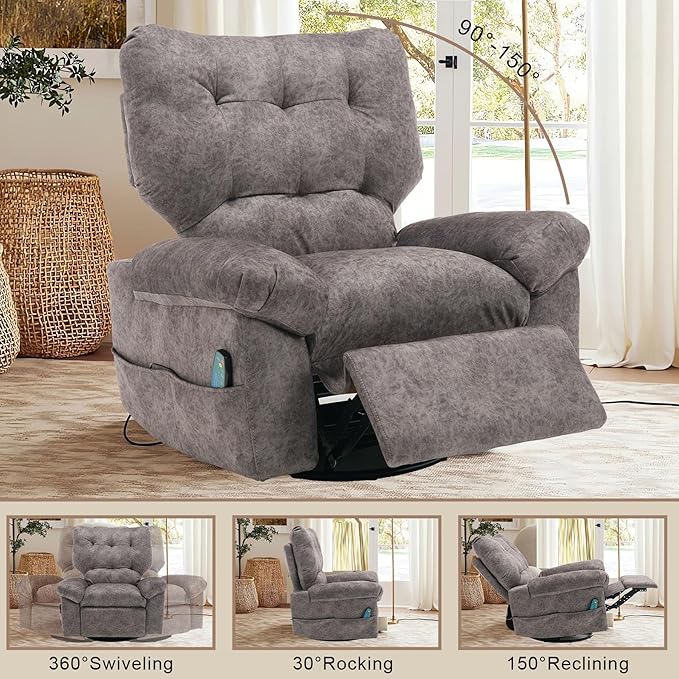Rocker Recliner Chair for Adults Soft Lazy Boy Recliner Chair with Heat&amp Adjustable Backrest Footrest Oversized Massage Recliner Chair with Swivel and Side Pocket for Living Room Bedroom (Grey)