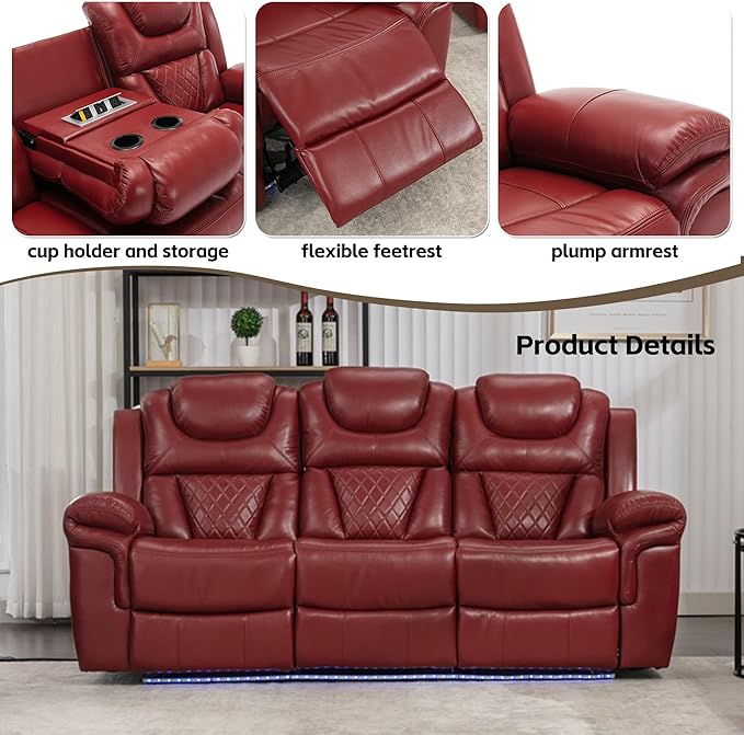 Leather Reclining Sofa SetHome Theater Seating with Center ConsoleFlipped Middle Backrestand LED Light Strip3 Seater for Living RoomOfficeHome TheaterRV (Red)