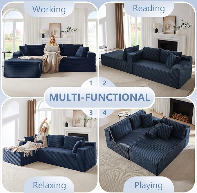 103 L-Shape Cloud Couch with Chaise Upholstered Corduroy Modular Sectional Sofa Deep Seat Couch with Free Combination for Living Room &amp ApartmentNo Assembly Required(BlueLeft Facing Chaise)