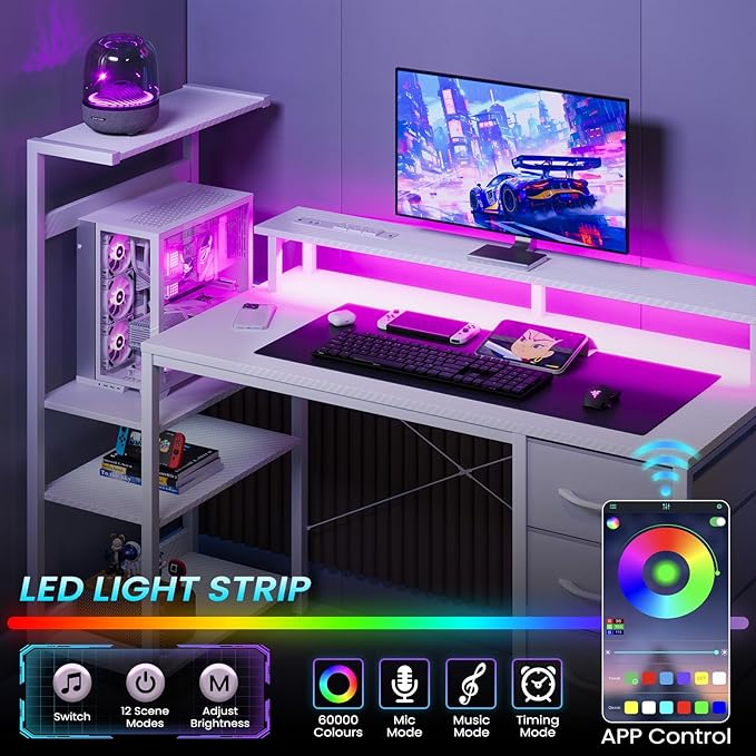 51 Inch Gaming Desk with Power Outlet and LED Lights Computer Desk with 4 Drawers &amp Storage Shelves Reversible Home Office Desk with Monitor Stand for Small Space Bedroom Carbon Fiber White