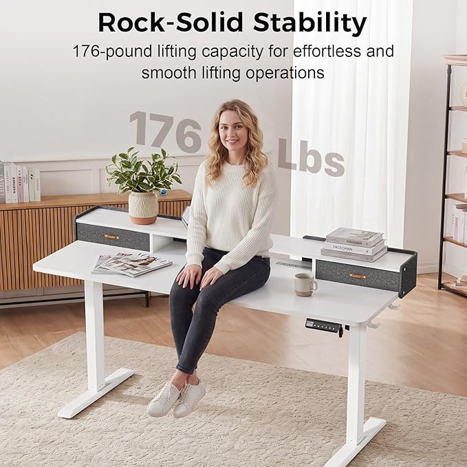 Electric Standing Desk with Drawers 63 Inch Height Adjustable Desk with Power Outlets &amp LED Lights Sit Stand Table with Monitor Stand for Home Office White