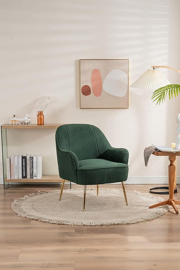 Modern Soft Green Teddy Fabric White Ergonomics Accent Chair Living Room Chair Bedroom Chair Home Chair with Gold Legs and Adjustable Legs Family Room Sofa Armchair Furniture for Indoor Home (Green)