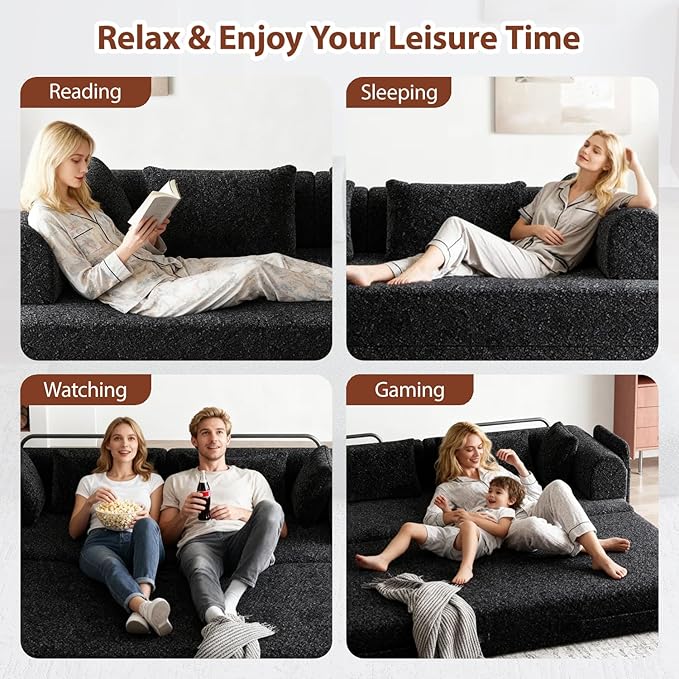 78.7 Chenille 4-in-1 Folding Convertible Sofa Bed Boneless Couches with 4 Pillows &amp Convenient Side Pockets Comfy Foldable Compressed Sofa in Box Floor Sofa Lounge Couch for Living Room(Black)