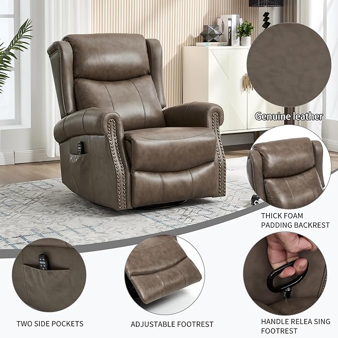 360° Swivel Glider Chair for Nursery Wingback Genuine Leather Rocking Recliner with Lumbar Heat &amp Massage 8-Point Vibration Massage for Living Room Bedroom