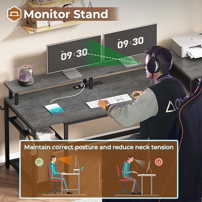 SEDETA 59 Office Desk with File Drawers Reversible Computer Gaming Desk with Storage LED Lights &amp Power Outlet Home Office Desks for Printer Grey