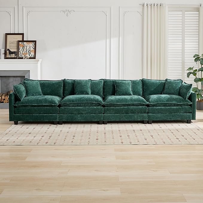 149.6 Modern Cozy Sectional Couches for Living Room Green Chenille Comfy Cloud Couch Sectional 4 Seater Couch for Living Room Sofas para Sala I Shaped Sofas &amp Couches (Green 4+0 Set)