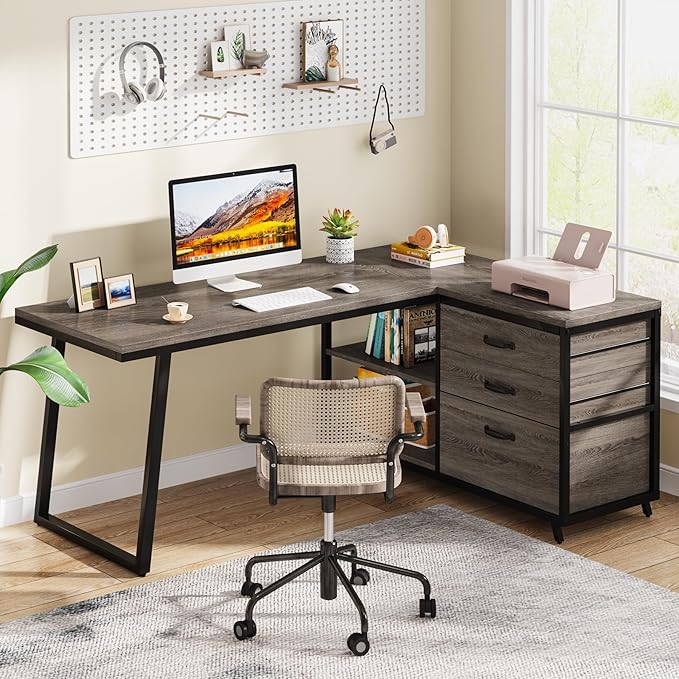 Tribesigns L-Shaped Desk with 3 Drawers Reversible Corner Home Office Computer Desk with Shelves 53-Inch Industrial PC Desk Study Writing Table Workstation for Small Space Grey