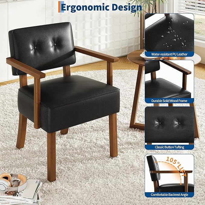 Garvee Mid-Century Accent Chair with Wood Frame. PU Leather Upholstered Lounge Arm Chair with Classic Button Tufting Reading Leisure Chair for Living Room Bedroom Balcony Black