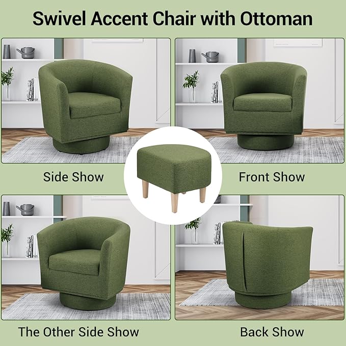 DAZONE Accent Chairs Set of 2 Green Barrel Chair with Ottoman Comfy Armchair for Small Spaces 360° Modern Fabric Lounge Chair for Living Room Bedroom Reading Nook Home Office