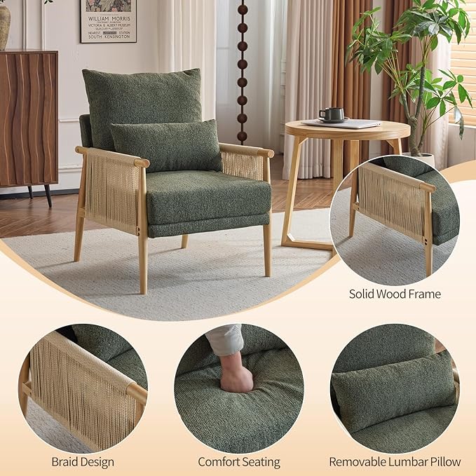 Karl home Cozy Chenille Accent Chair with Lumbar Pillow &amp Rattan Arms Modern Lounge Chair for Living Room Bedroom Reading Nook Green