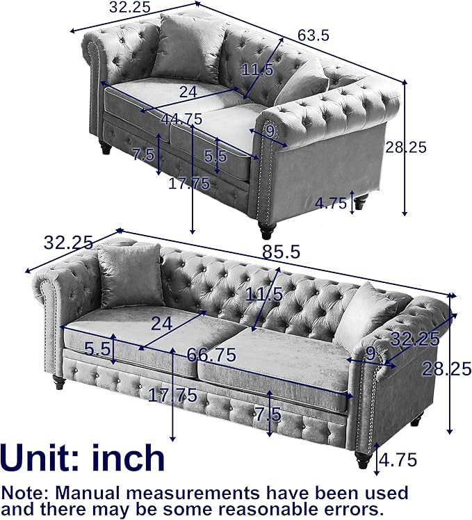 2 Piece Mid Century Modern Couch Set Retro Button Tufted Chesterfield Sofa muebles para la sala Comfy Deep Seat Upholstered Office Furniture Living Room Sofas Set (Leather Gray Couch and Loveseat)