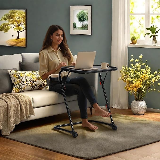 Homy Casa Adjustable Z Shaped Study Desk with Cup Holder Space Saving Portable Laptop Foldable Table for Home Office Living Room &amp Bedroom Sturdy Metal Frame &amp PP Top Black 4PCS