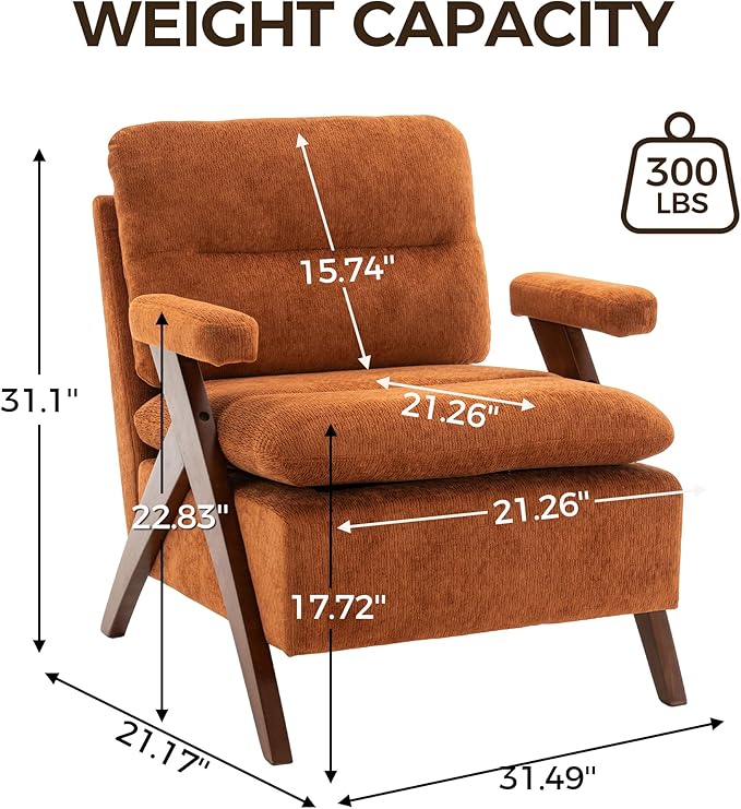 Mid Century Modern Tufted Accent Chair - Sturdy Upholstered Solid Wood Armchair with Breathable Fabric High-Density Cushion Non-Slip Pads for Living Room Reading Room Bedroom Orange