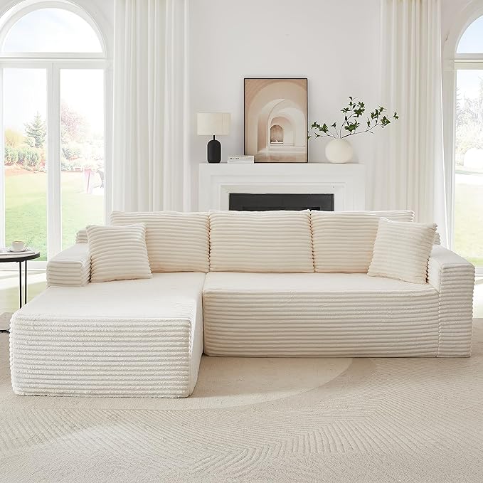 103'' Modular Sectional Sofa with Deep Seat Comfy L Shaped Couch Modern Cloud Couch with Oversized Chaise Corduroy No Assembly Required for Living Room Bedroom Beige
