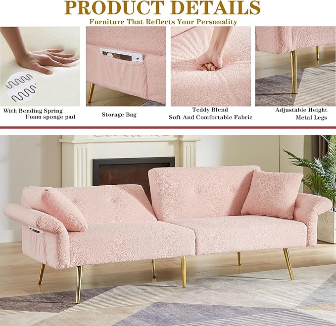 Pink Modern Teddy Velvet Convertible Folding Futon Couch Sofa Bed Adjustable Pillow Top Arm Memory Foam Couch Double Love Seat Sofa for Compact Space Dorm Apartment Bedroom Loveseat (Pink)