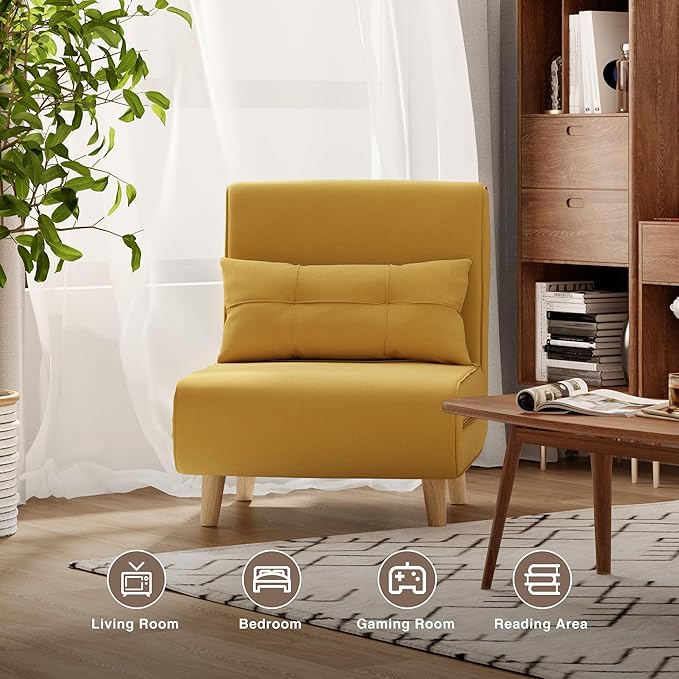 Aiho Futon Sofa Bed 3-in-1 Convertible Sleeper Chair Bed Futon Chair with 6-Level Adjustable Backrest and Pillow for Apartment Dorm Office Linen Yellow