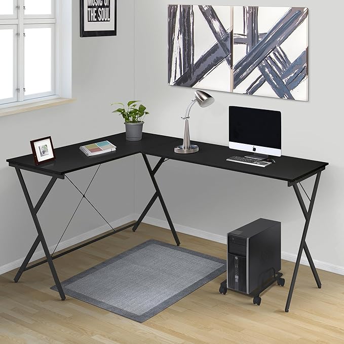 Black L-Shaped Computer Desk with CPU Holder Writing Work Study Table Home Workspace for Study and Home Office
