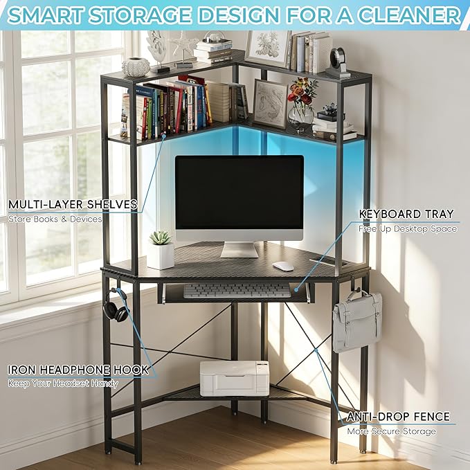 Corner Desk with Hutch and LED Lights Corner Computer Desk with Keyboard Tray and Monitor Stand Small Computer Desk for Small Spaces Home Office（Carbon Black）