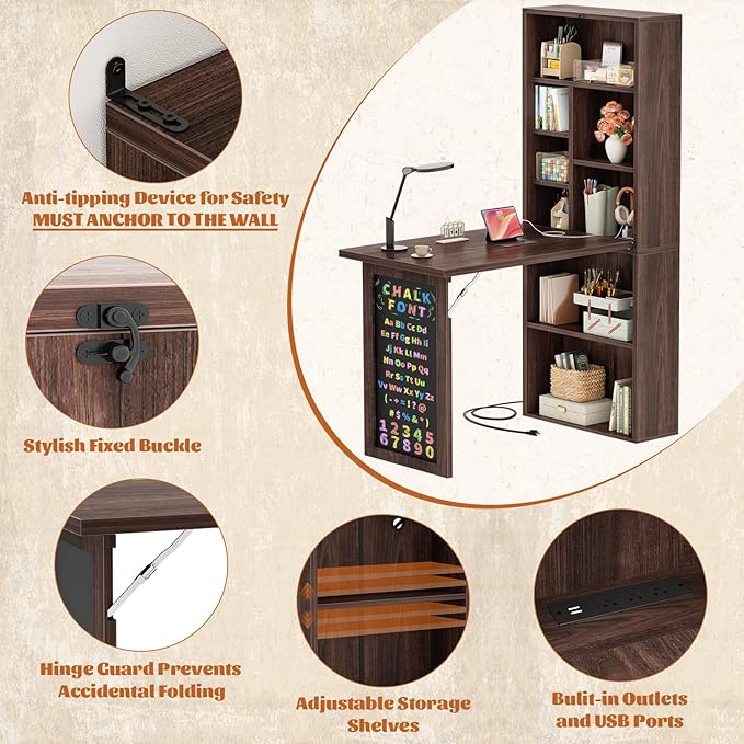 Armocity Small Folding Desk with Outlets Convertible Writing Desk for Small Spaces/Home Office/Craft Room Multi-Function Desk Workstation with Blackboard Fold-Out Cabinet Table Black Walnut