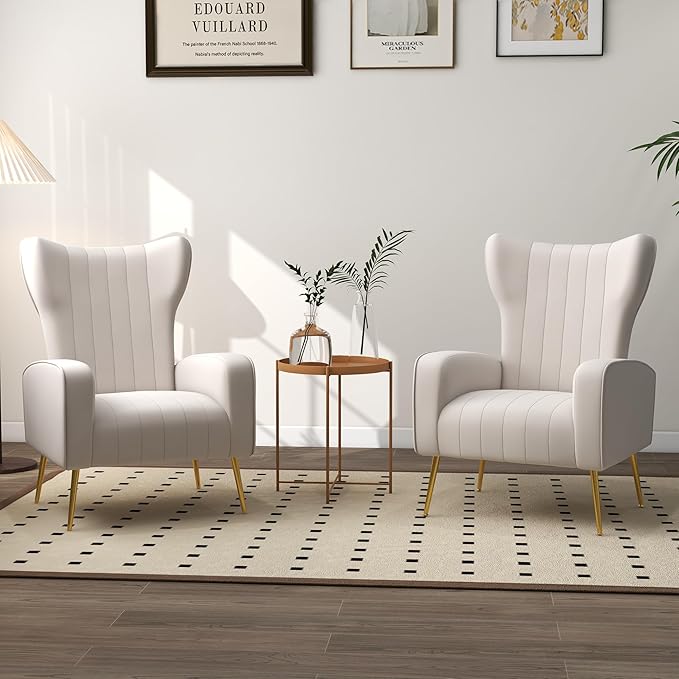 Accent Chair Upholstered Armchair with High Wingback &amp Metal Legs Mid-Century Modern Comfy Single Sofa Reading Chairs for Living Room Bedroom (White Set of 2)