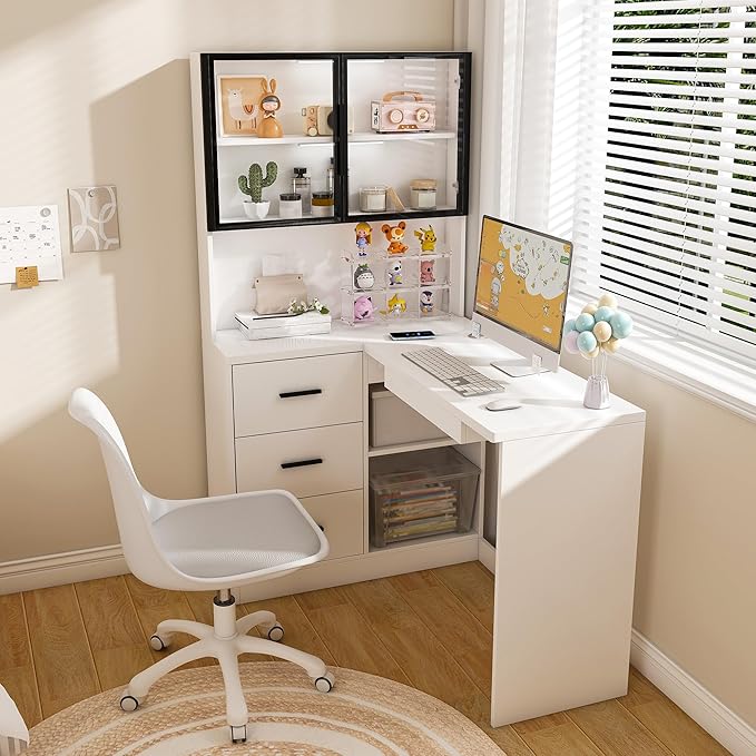 ZeHuoGe Computer Desk with Glass Cabinets &amp Built-in LED Lights Corner L-Shaped Office Desk with USB Charging Ports &amp Keyboard Tray for Home and Corporate Workspaces (White)