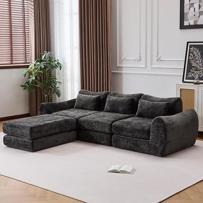 105” Modular Sectional Sofa Convertible Sofa BedTransforms into Single or Double Sofa Chenille Fabric Cloud SofaModern Soft Boneless Comfort No Assembly Required Black