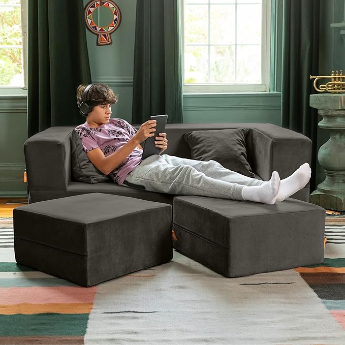 Jaxx Zipline Convertible Sleeper Loveseat &amp Ottomans Textured Microvelvet - Charcoal