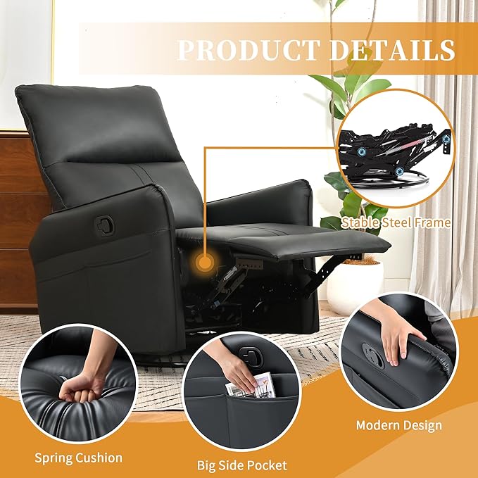 Swivel Rocker Recliner Chair Upholstered 360° Fabric Leather Glider Rocker Chair for Nursery Manual Small Recliners for Small Spaces Living Room Weight Capacity 300lbs