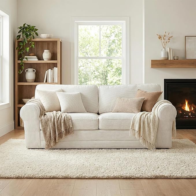 83 Corduroy Loveseat Sofa for Living Room Boneless Sofa with Wide Rounded Armrest Deep Cushioned Couch with Lock-Stitched Edges Skin-Friendly Cloud Couch White