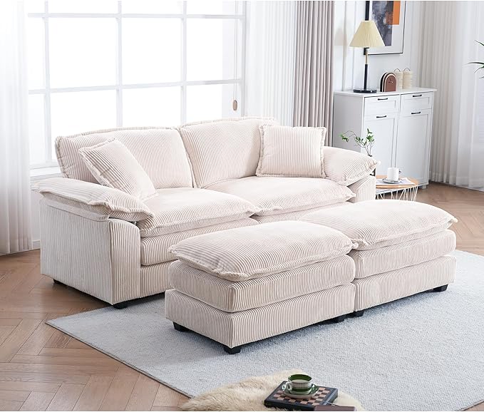 84.6” Corduroy Loveseat with Ottoman Oversized Double Chaise Lounge Chair Indoor Deep Seat Two Seater Couch Cloud Couch Modular Sectional Sofa for Living Room(Corduroy White)