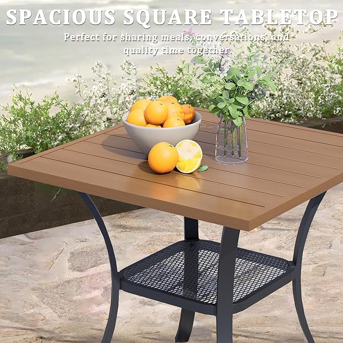 27.6 Square Outdoor Patio Table All-Weather Metal Patio Table with Storage ShelfOutdoor Dining Table for Lawn Garden Porch Walnut