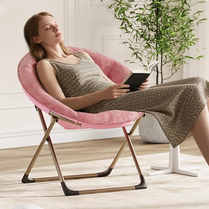 Garvee Saucer Chair Comfy Chair Faux Fur Lounge Moon Chair with Folding Metal Frame Oversized Plush Foldable Flower Accent Seat for Adults Teens Bedroom Dorm or Living Room(1PCS Leather Pink)