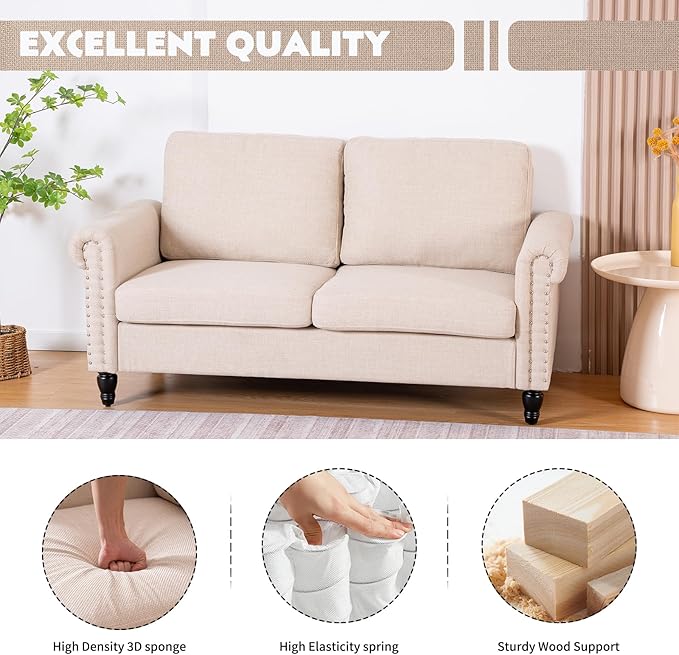 J.C.UP 57’’ Loveseat Sofa CouchSmall Couches for Living Room with Linen FabricComfy Upholstered Love Seat Sofa Couches for Bedroom with Solid Wood Legs2 Seater Mini Modern Couch for Small Spaces