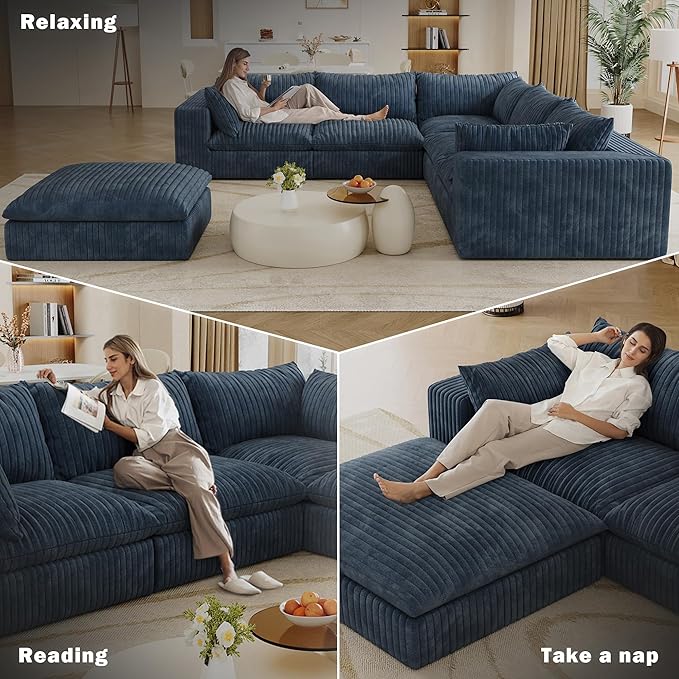 118.2 Modern V Shaped Corner Sofa Comfy Modular Sectional Cloud Couch with Plush Corduroy Fabric Deep Seat Upholstered Sofa Boneless Couches for Living Room No Assembly (Blue + Ottoman)
