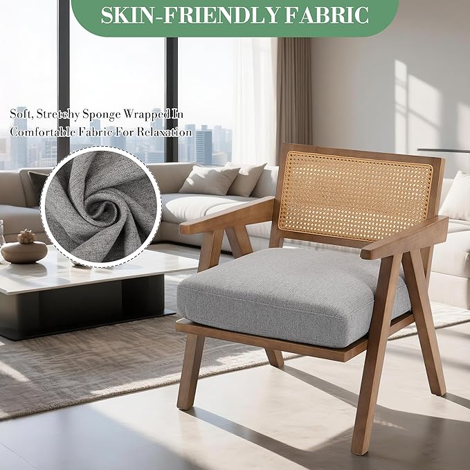 Garvee Mid-Century Modern Accent Chair Linen Upholstered Lounge Chair with Wood Frame Soft Cushion - Comfortable Reading Armchair for Living Room Bedroom Office - Gray 1 PCS